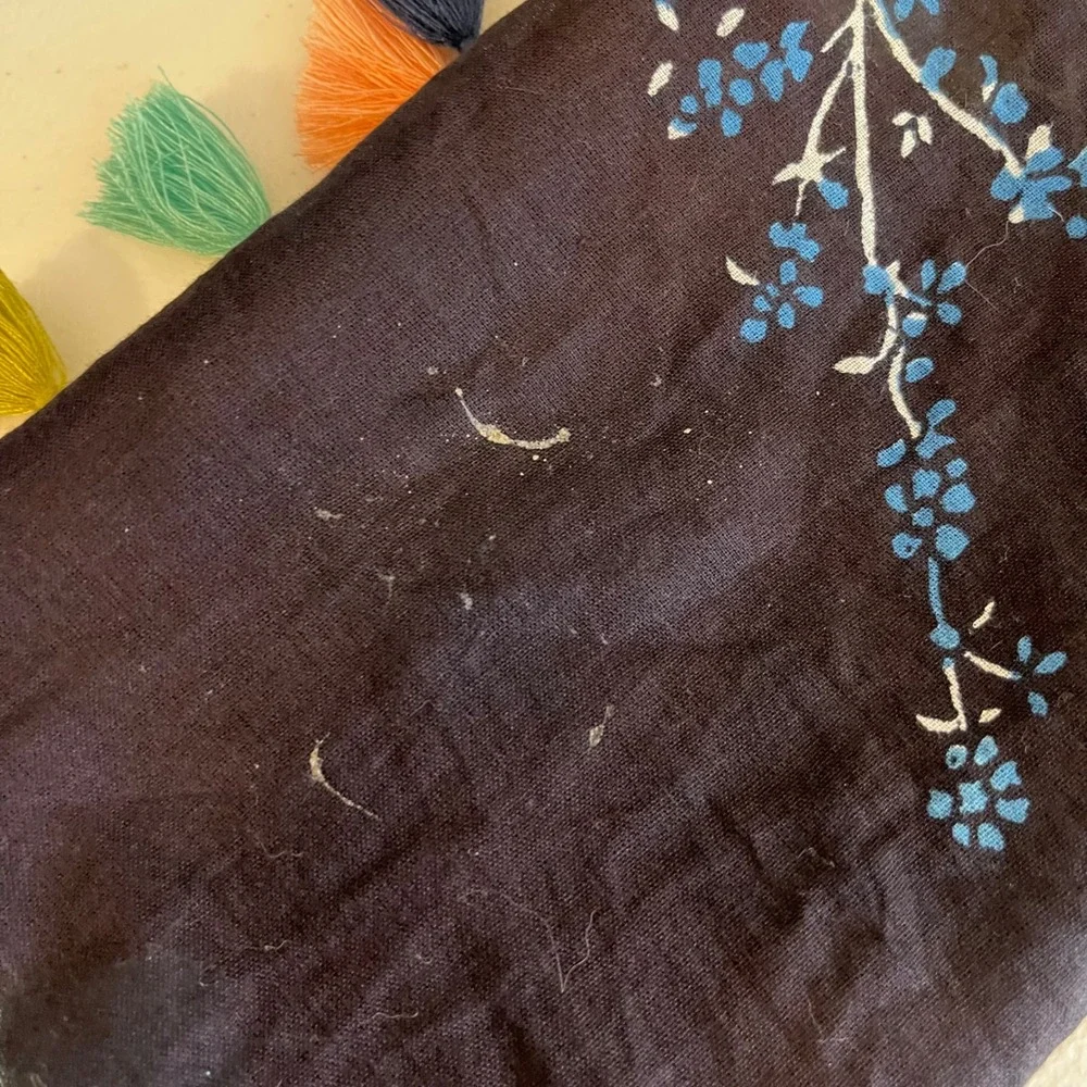 Bohemian Floral Print Square Scarf Shawl Tassel Trim Blue Green Pink Art to Wear